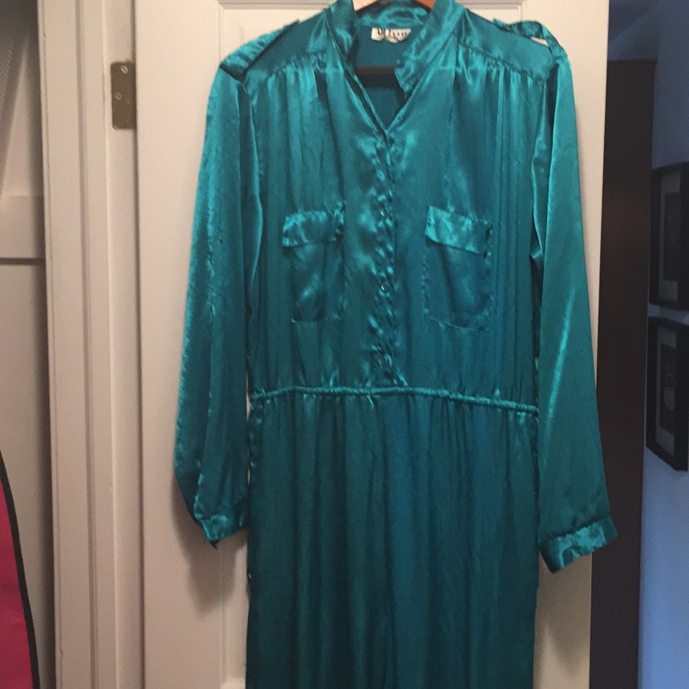 Vintage Satin jumpsuit. Teal Green, No belt